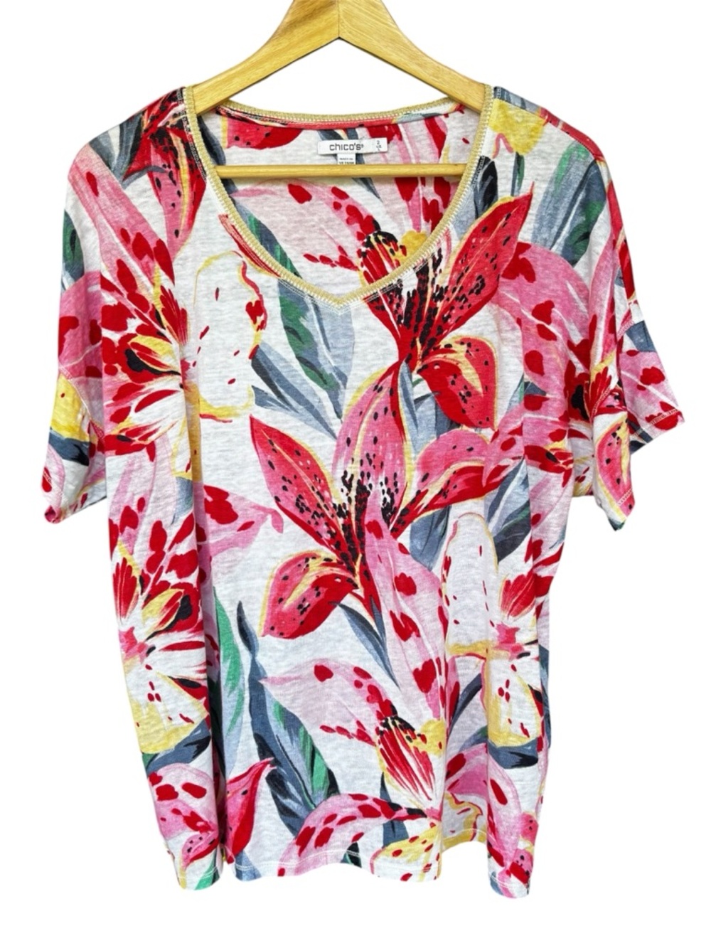 Chicos Linen V Neck T-shirt Top Size 2 Large Colorful Hawaiian Tropical Resort